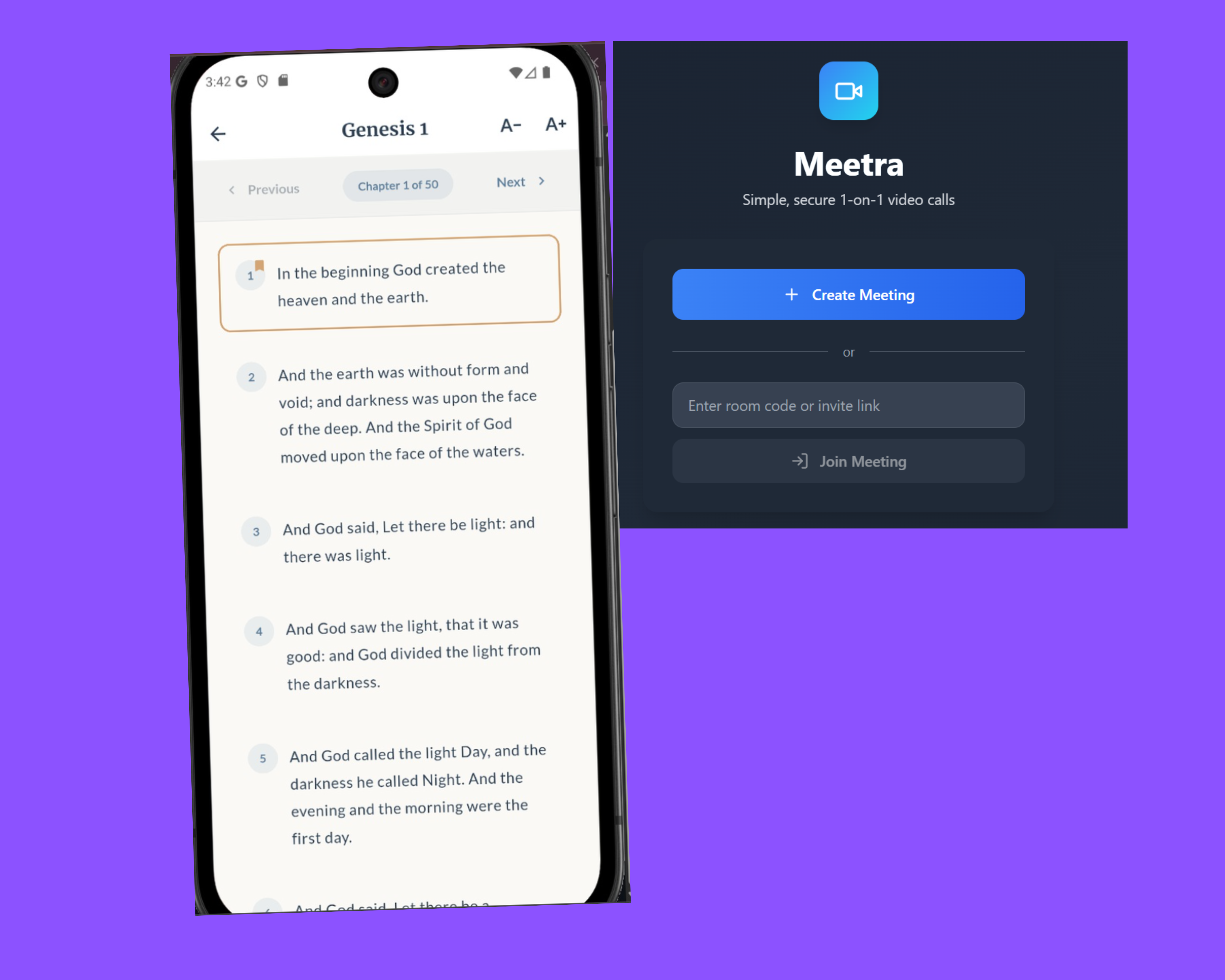 View of two website interfaces with modern and dark design. The first screen shows the title 'Behind the Code' with a rocket and dark background, explaining the origin of a community software project. The second screen presents a platform for finding speakers, with an attractive design, expert photos, and a prominent search button.